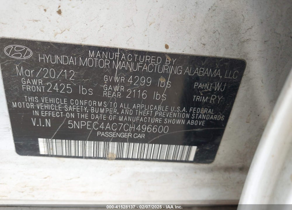 2012 HYUNDAI SONATA VIN: 5NPEC4AC7CH496600