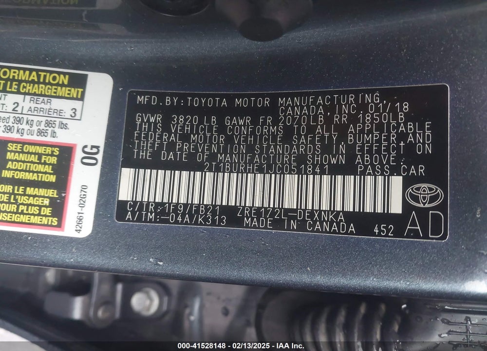 2018 TOYOTA COROLLA VIN: 2T1BURHE1JC051841