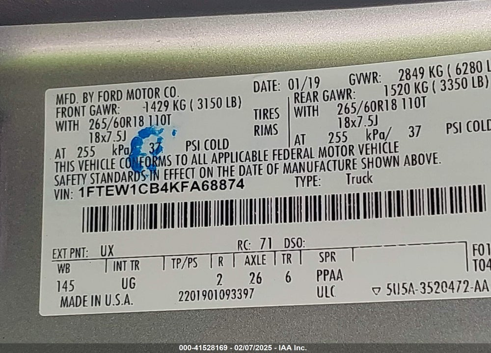 2019 FORD F-150 VIN: 1FTEW1CB4KFA68874