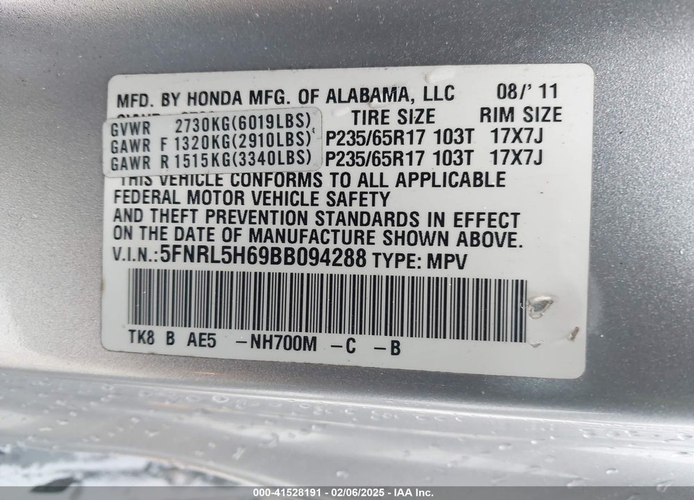 2011 HONDA ODYSSEY EX-L VIN: 5FNRL5H69BB094288