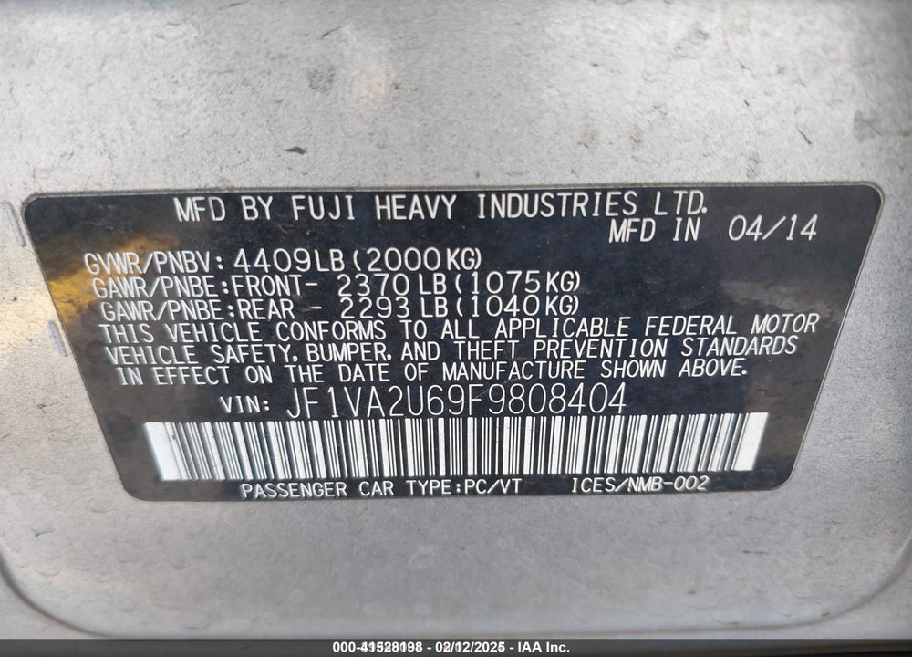 2015 SUBARU WRX STI VIN: JF1VA2U69F9808404