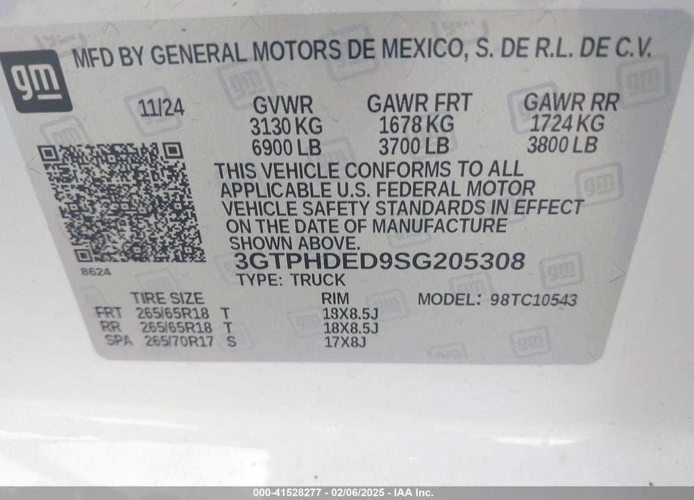 2025 GMC SIERRA 1500 VIN: 3GTPHDED9SG205308