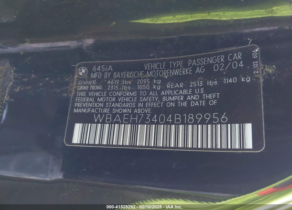 2004 BMW 645CI VIN: WBAEH73404B189956