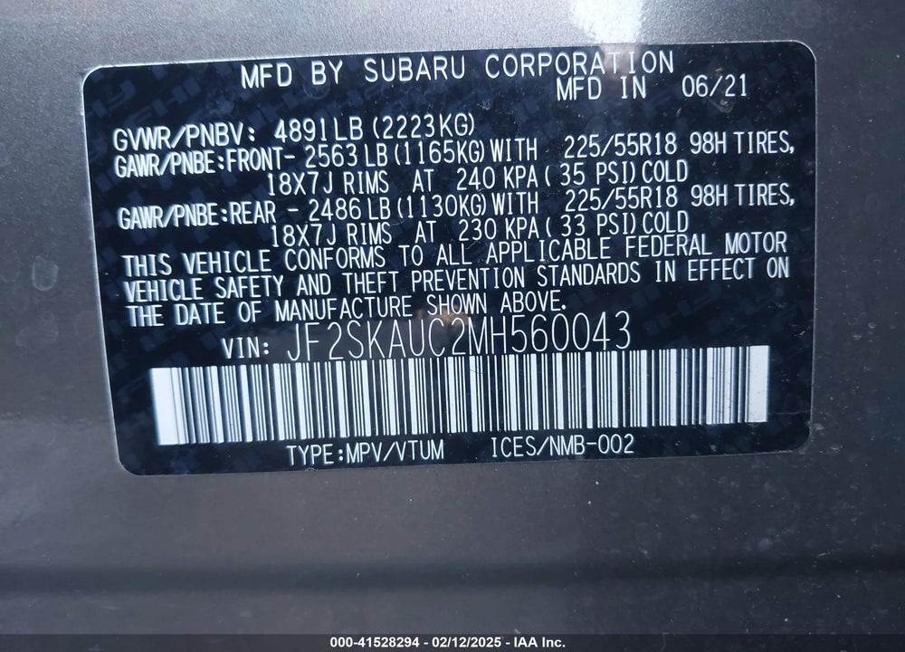 2021 SUBARU FORESTER VIN: JF2SKAUC2MH560043