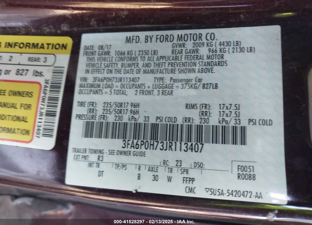 2018 FORD FUSION VIN: 3FA6P0H73JR113407