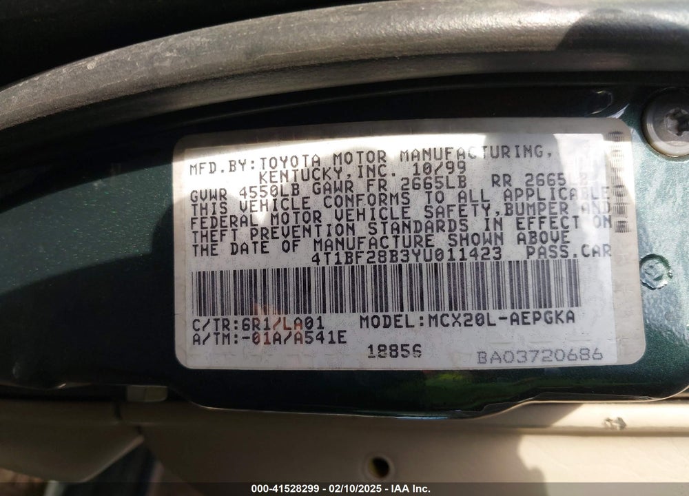 2000 TOYOTA AVALON VIN: 4T1BF28B3YU011423