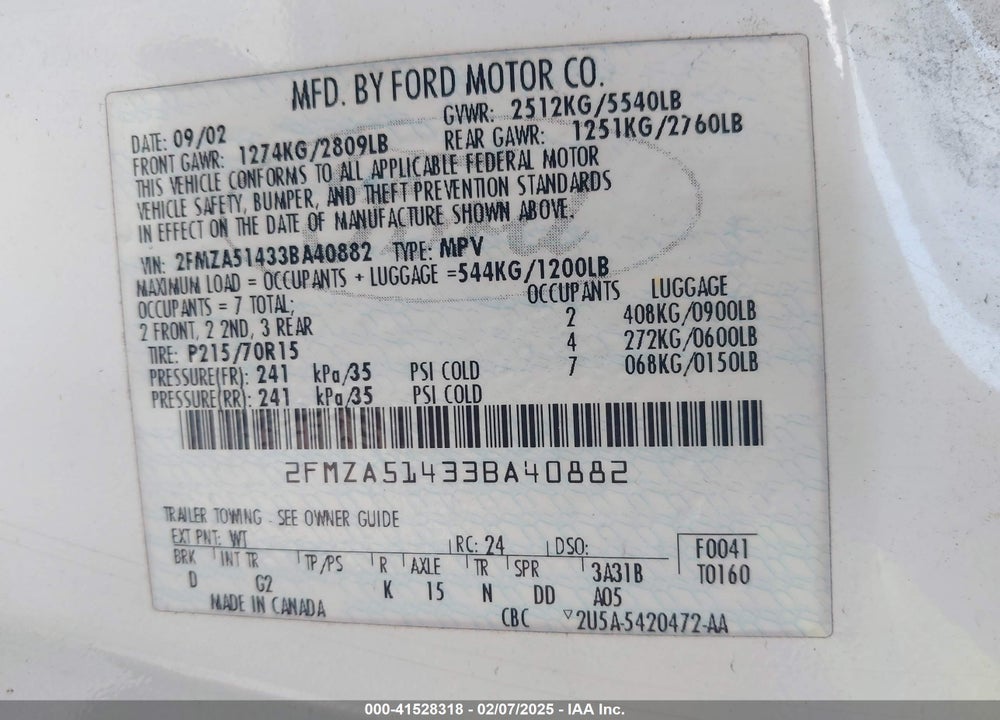 2003 FORD WINDSTAR LX VIN: 2FMZA51433BA40882