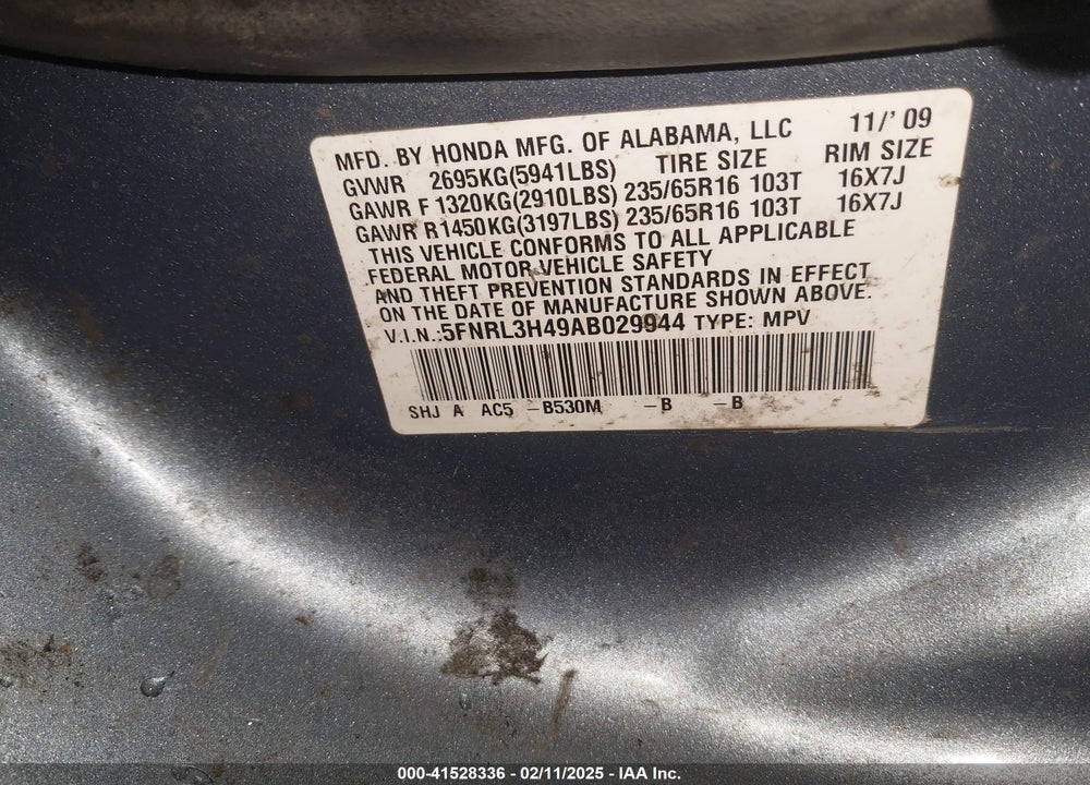 2010 HONDA ODYSSEY VIN: 5FNRL3H49AB029944