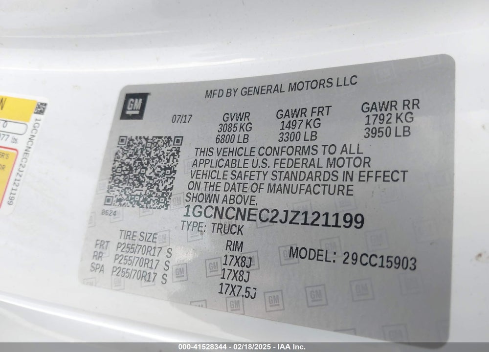 2018 CHEVROLET SILVERADO VIN: 1GCNCNEC2JZ121199