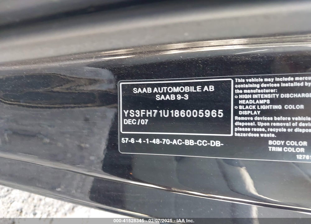 2008 SAAB 9-3 AERO VIN: YS3FH71U186005965
