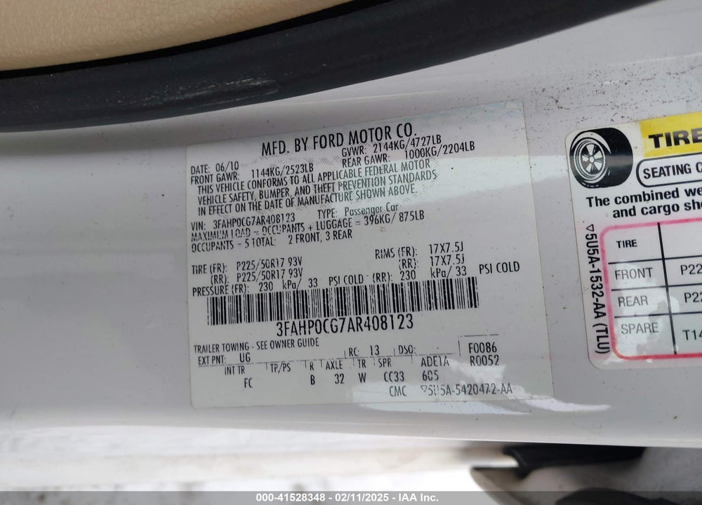 2010 FORD FUSION VIN: 3FAHP0CG7AR408123