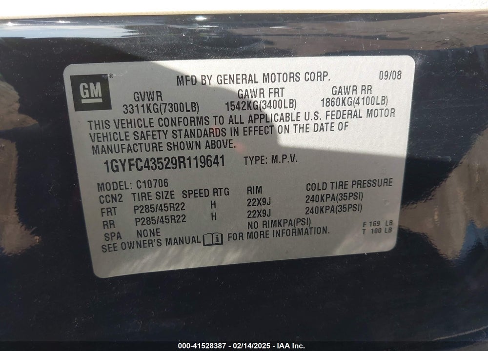 2009 CADILLAC ESCALADE HYBRID STANDARD VIN: 1GYFC43529R119641
