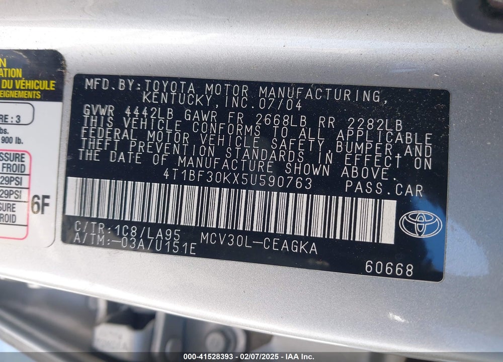 2005 TOYOTA CAMRY XLE V6 VIN: 4T1BF30KX5U590763
