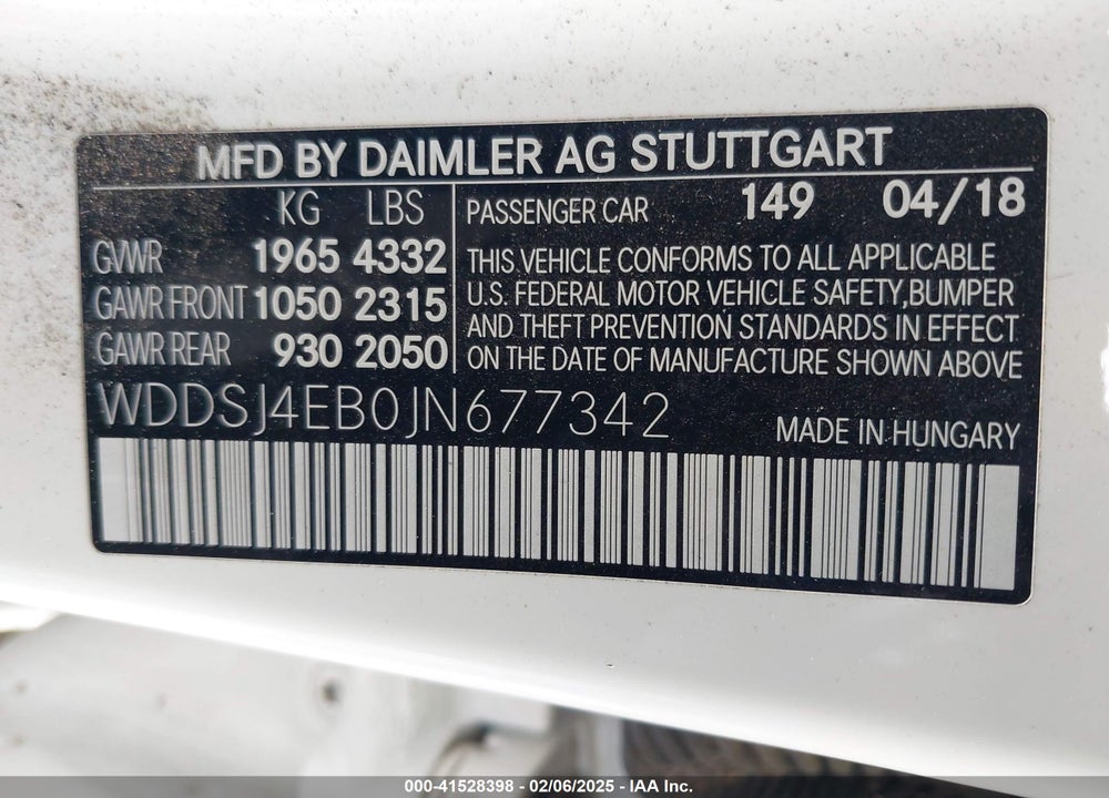 2018 MERCEDES-BENZ CLA 250 VIN: WDDSJ4EB0JN677342