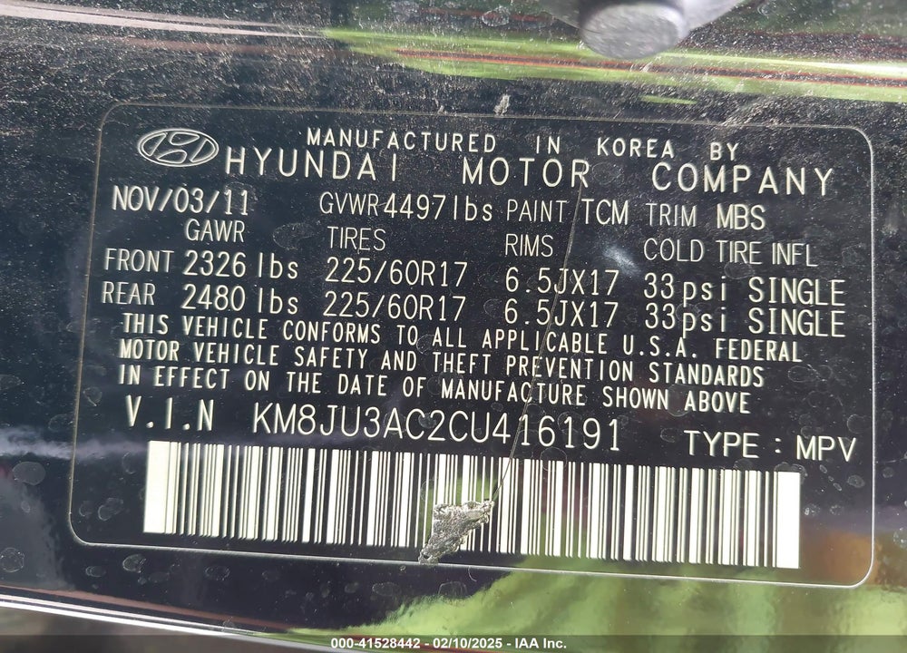 2012 HYUNDAI TUCSON GLS VIN: KM8JU3AC2CU416191