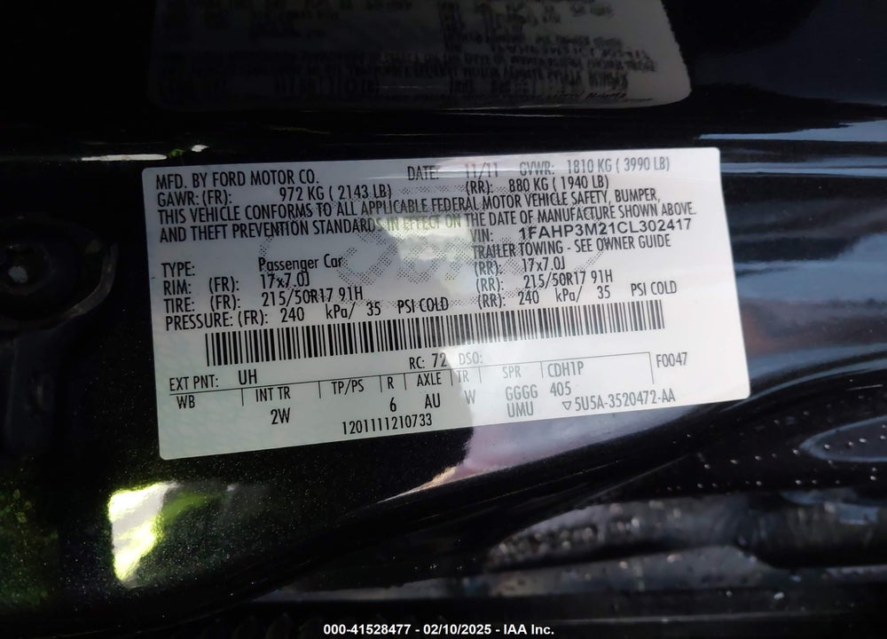 2012 FORD FOCUS SEL VIN: 1FAHP3M21CL302417