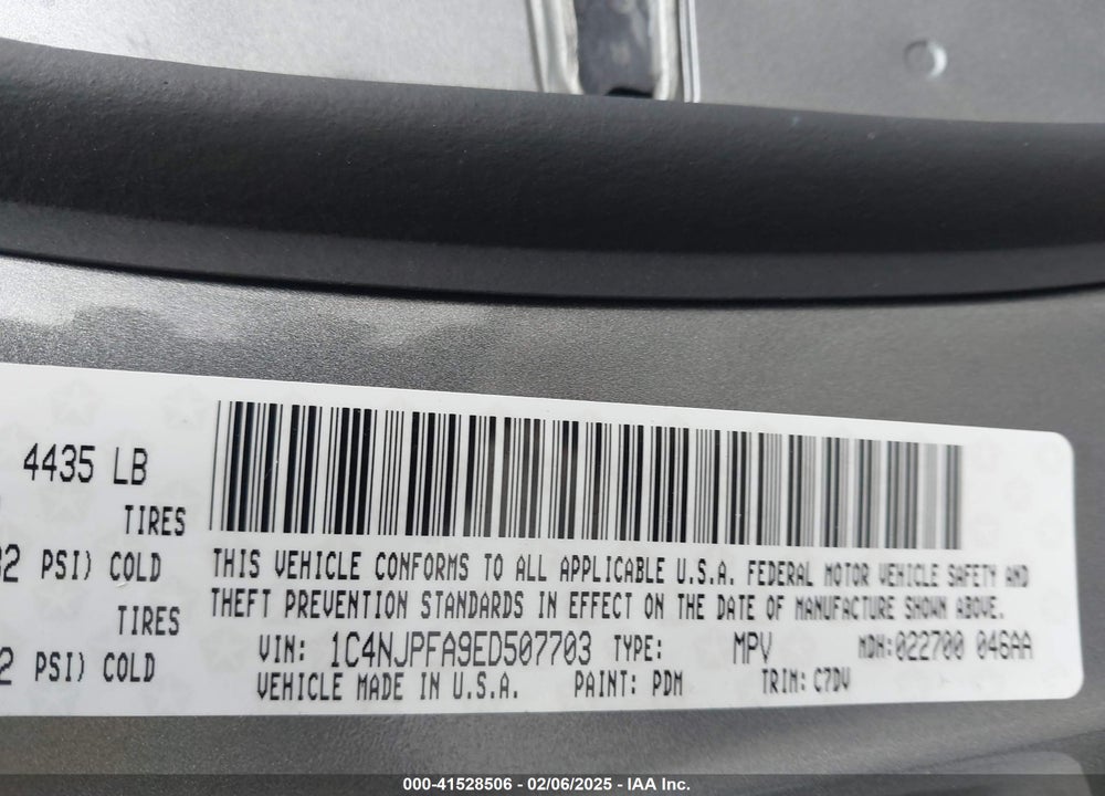 2014 JEEP PATRIOT LATITUDE VIN: 1C4NJPFA9ED507703