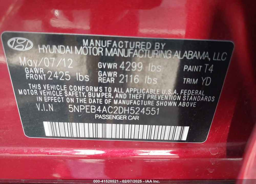 2013 HYUNDAI SONATA GLS VIN: 5NPEB4AC2DH524551