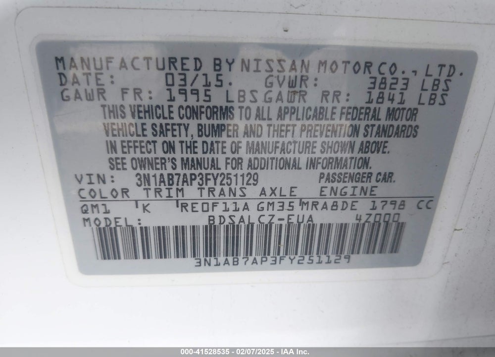 2015 NISSAN SENTRA VIN: 3N1AB7AP3FY251129