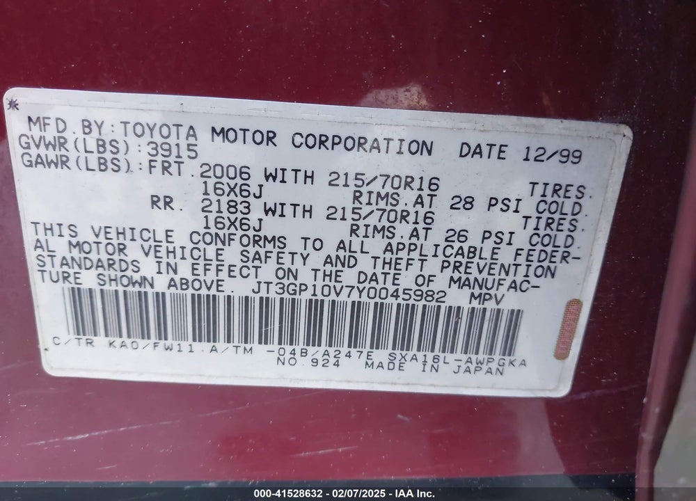 2000 TOYOTA RAV4 VIN: JT3GP10V7Y0045982