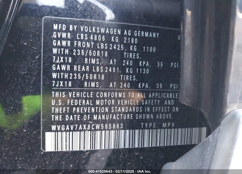 2012 VOLKSWAGEN TIGUAN SE VIN: WVGAV7AX8CW565863