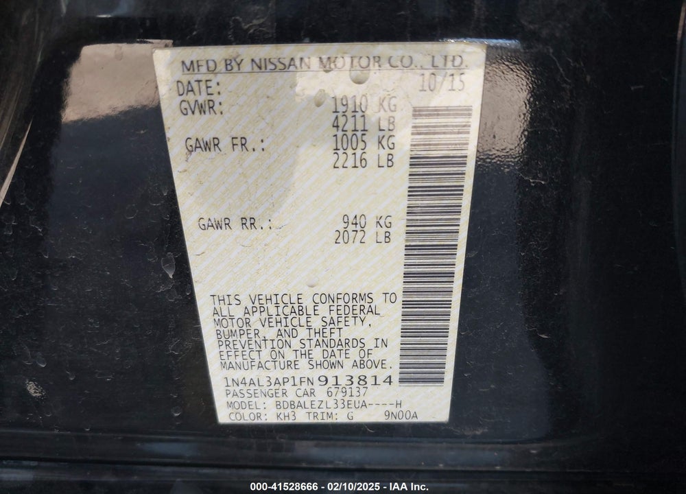 2015 NISSAN ALTIMA VIN: 1N4AL3AP1FN913814