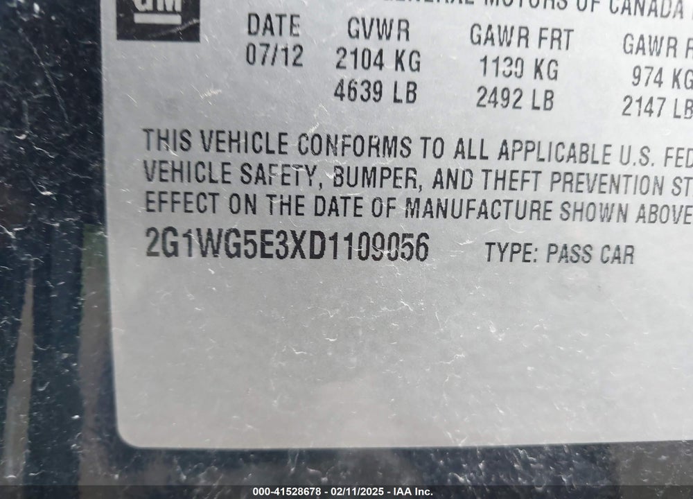 2013 CHEVROLET IMPALA LT VIN: 2G1WG5E3XD1109056