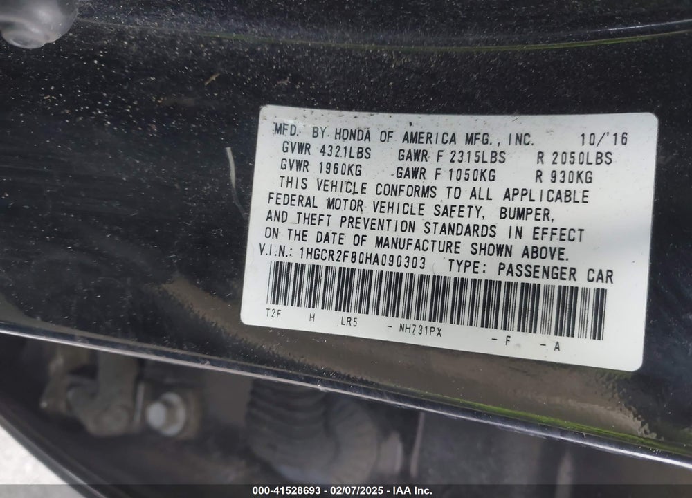 2017 HONDA ACCORD VIN: 1HGCR2F80HA090303