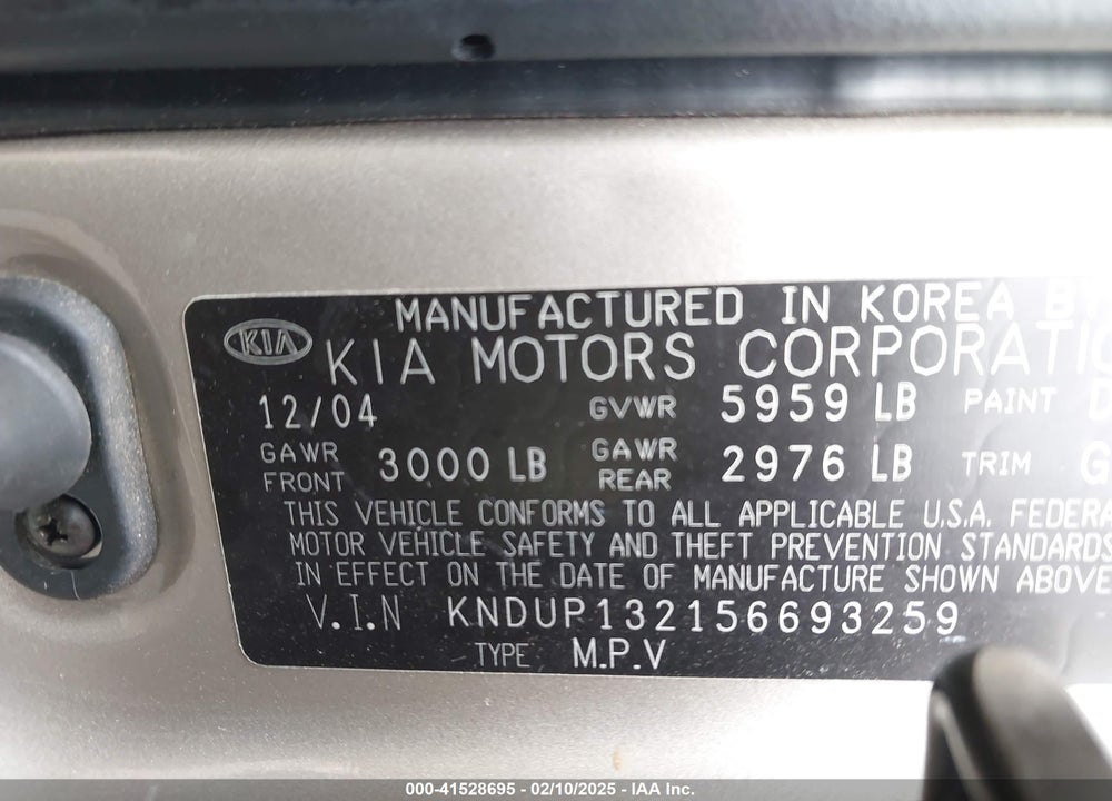 2005 KIA SEDONA EX/LX VIN: KNDUP132156693259