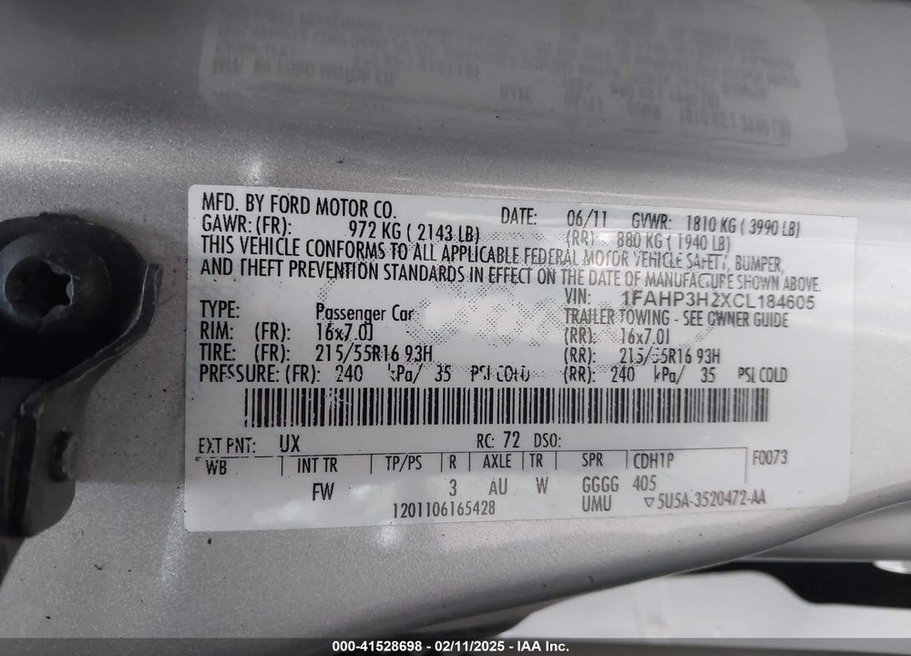 2012 FORD FOCUS SEL VIN: 1FAHP3H2XCL184605