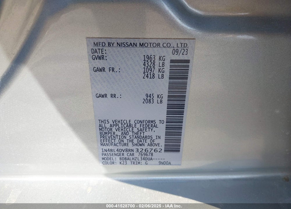 2024 NISSAN ALTIMA SV FWD VIN: 1N4BL4DV8RN326762