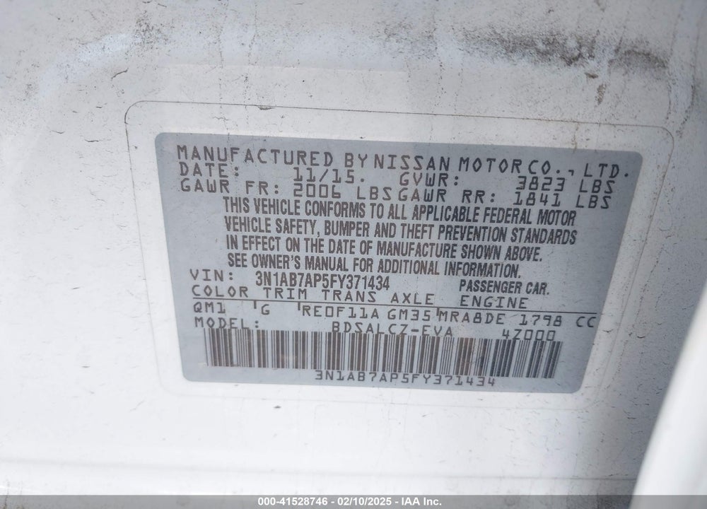 2015 NISSAN SENTRA S VIN: 3N1AB7AP5FY371434