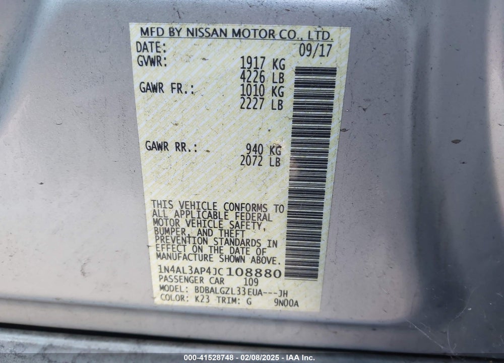 2018 NISSAN ALTIMA VIN: 1N4AL3AP4JC108880