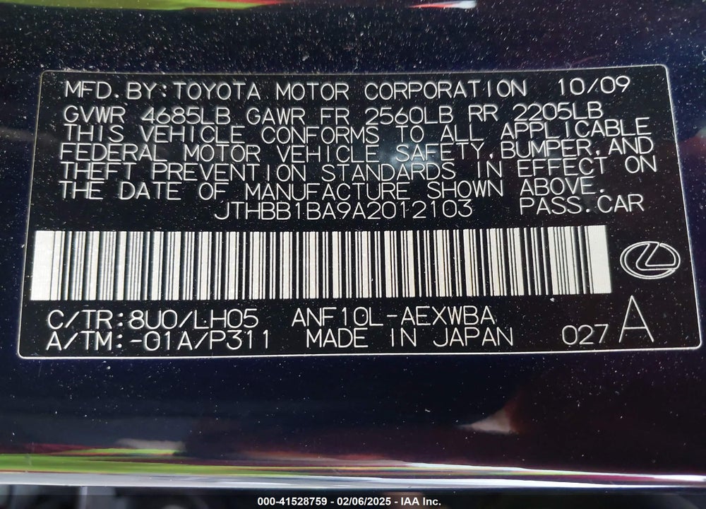 2010 LEXUS HS 250H VIN: JTHBB1BA9A2012103