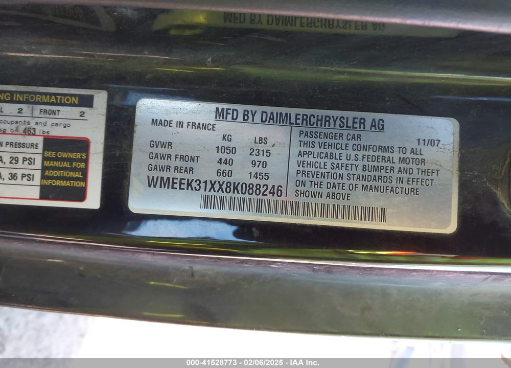 2008 SMART FORTWO PASSION VIN: WMEEK31XX8K088246