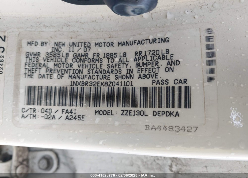2008 TOYOTA COROLLA CE VIN: 1NXBR32EX8Z041101
