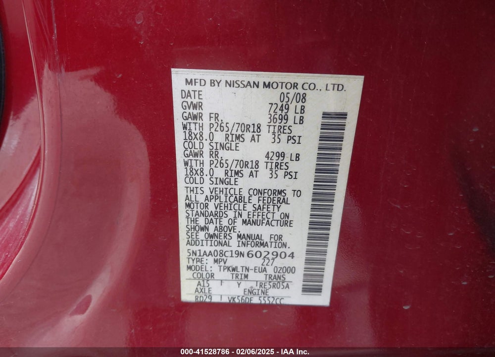 2009 NISSAN ARMADA SE VIN: 5N1AA08C19N602904