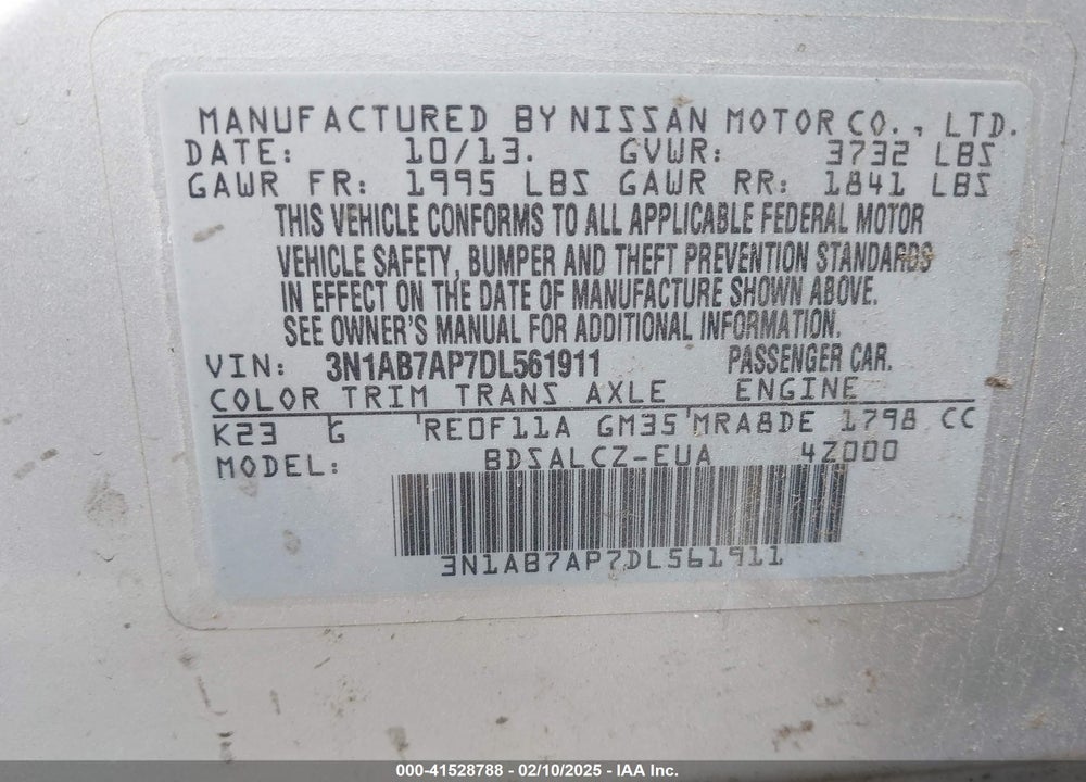 2013 NISSAN SENTRA VIN: 3N1AB7AP7DL561911