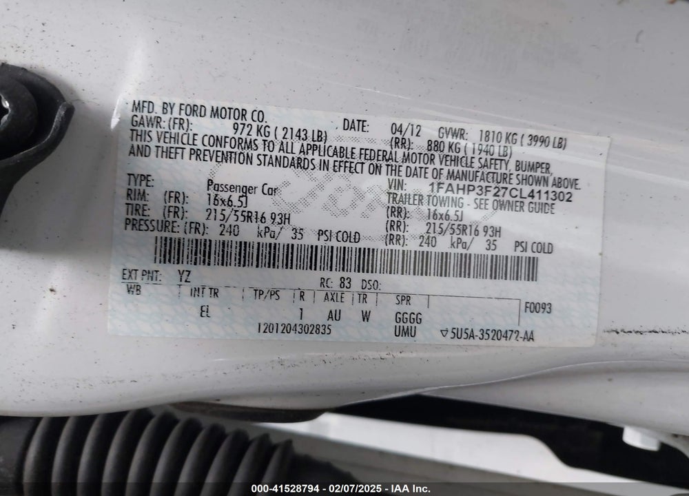 2012 FORD FOCUS SE VIN: 1FAHP3F27CL411302