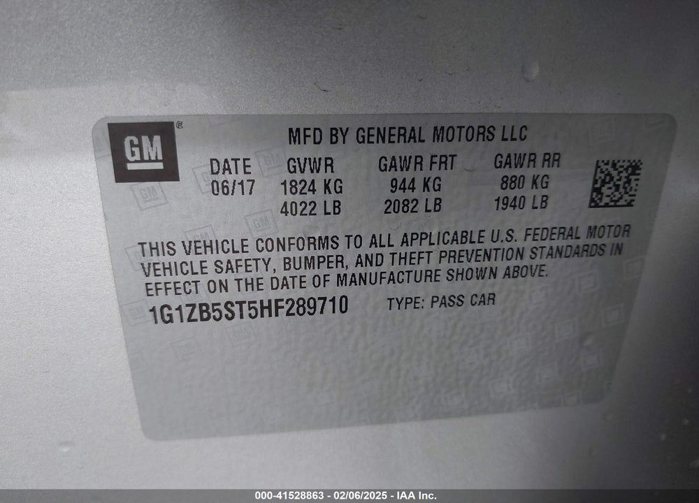 2017 CHEVROLET MALIBU VIN: 1G1ZB5ST5HF289710