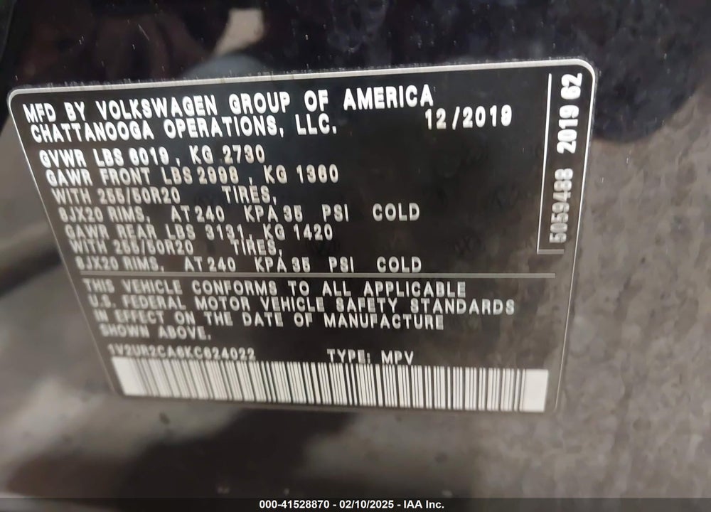 2019 VOLKSWAGEN ATLAS VIN: 1V2UR2CA6KC624022
