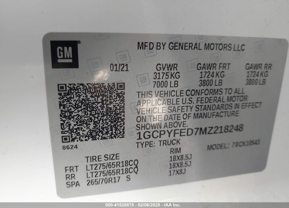 2021 CHEVROLET SILVERADO 1500 VIN: 1GCPYFED7MZ218248