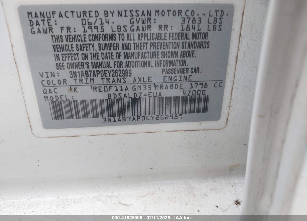 2014 NISSAN SENTRA SV VIN: 3N1AB7AP0EY262989