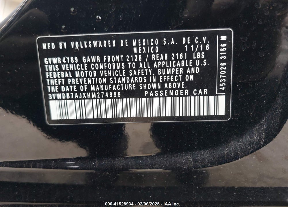 2017 VOLKSWAGEN JETTA 1.4T SE VIN: 3VWDB7AJXHM274999