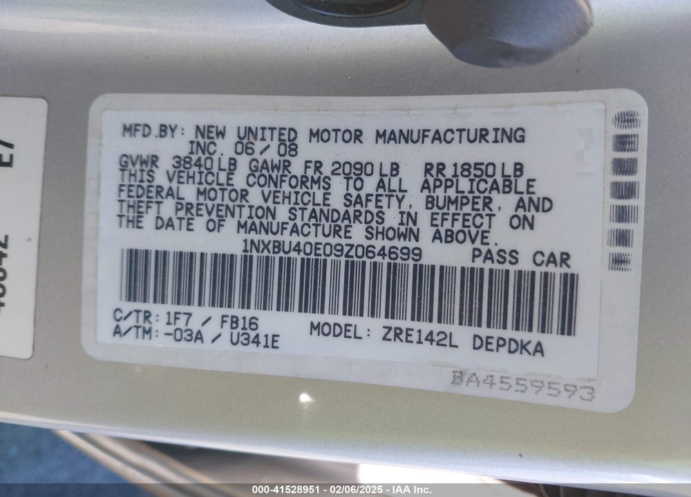 2009 TOYOTA COROLLA LE VIN: 1NXBU40E09Z064699