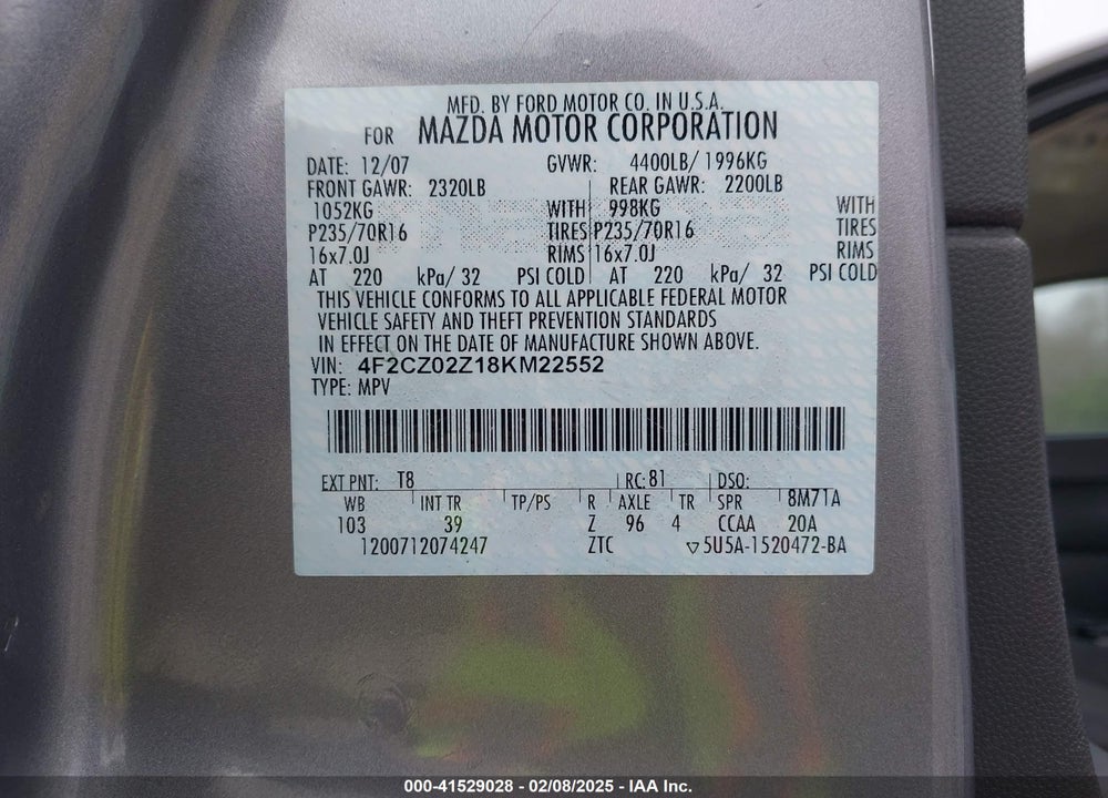 2008 MAZDA TRIBUTE I SPORT VIN: 4F2CZ02Z18KM22552