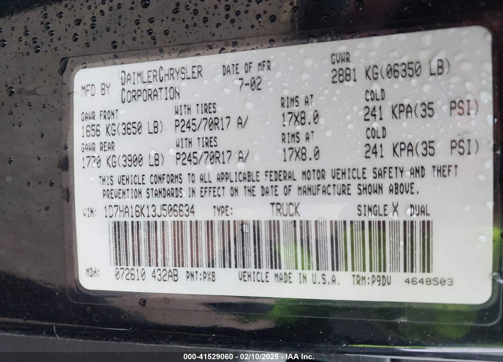 2003 DODGE RAM 1500 ST VIN: 1D7HA16K13J506634