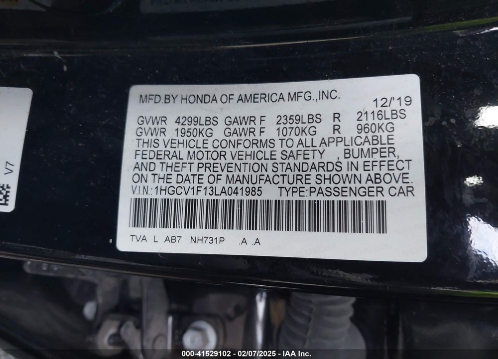 2020 HONDA ACCORD LX VIN: 1HGCV1F13LA041985