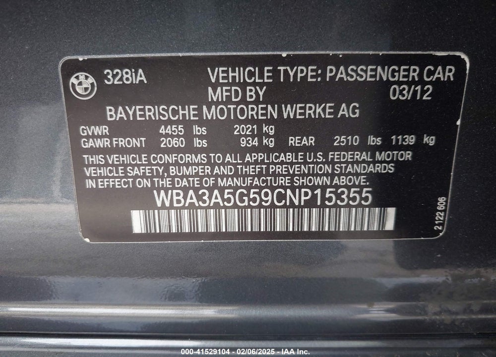 2012 BMW 328I VIN: WBA3A5G59CNP15355