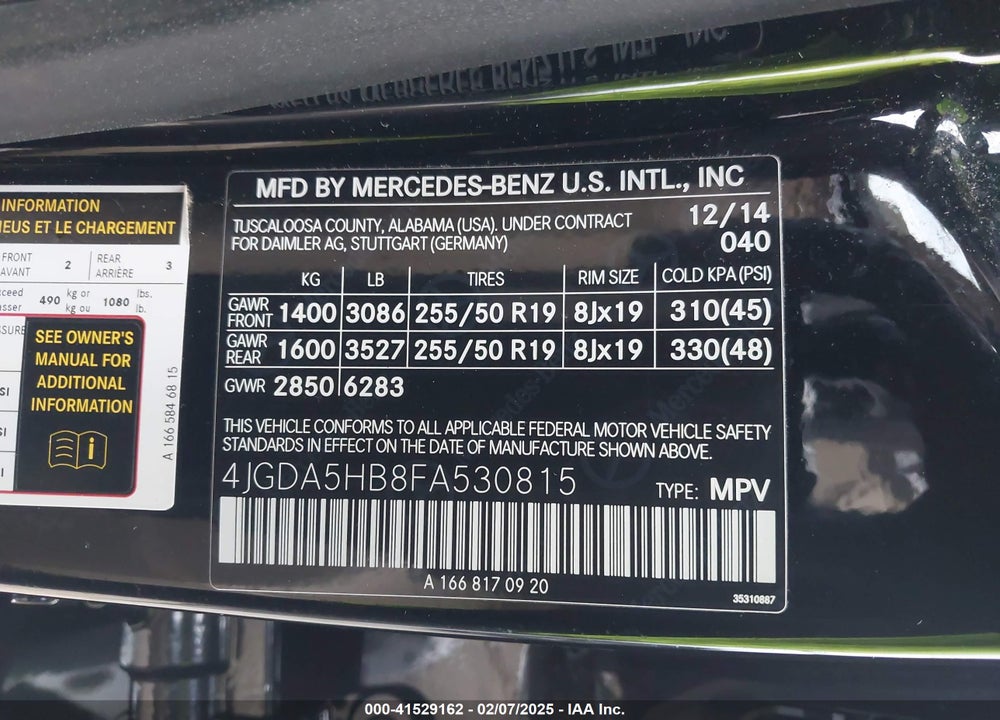 2015 MERCEDES-BENZ ML 350 VIN: 4JGDA5HB8FA530815